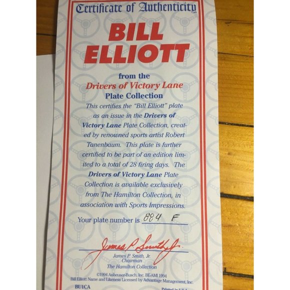 1994 Hamilton Collection Bill Elliott Plate Drivers of Victory Lane NASCAR - Picture 3 of 3